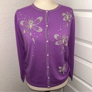 Bob Mackie Wearable Art Embellished Dragon Fly Button Front Cardigan Sweater Top